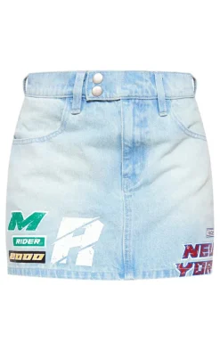 Light Blue Wash Racer Graphic Denim Mini Skirt