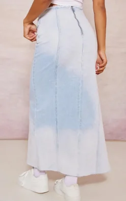 Light Blue Wash Raw Edge Side Split Denim Maxi Skirt