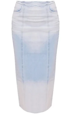 Light Blue Wash Raw Edge Side Split Denim Maxi Skirt