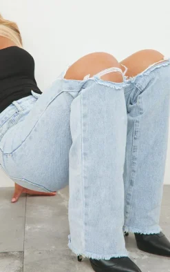 Light Blue Wash Ripped High Waist Straight Leg Jeans