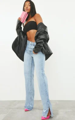 Light Blue Wash Ripped Split Hem Straight Leg Jeans