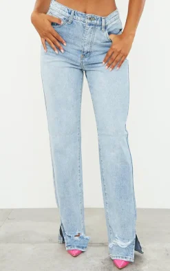 Light Blue Wash Ripped Split Hem Straight Leg Jeans