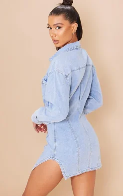 Light Blue Wash Seam Detail Long Sleeve Denim Dress