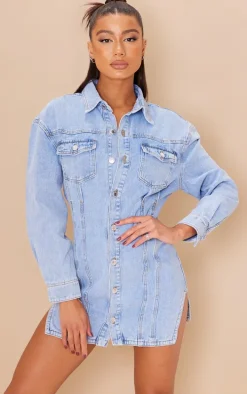 Light Blue Wash Seam Detail Long Sleeve Denim Dress