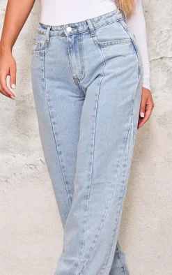 Light Blue Wash Seam Detail Slim Wide Leg Jeans