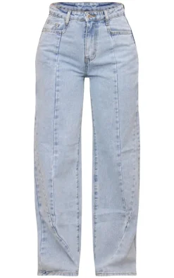 Light Blue Wash Seam Detail Slim Wide Leg Jeans