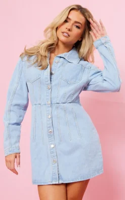 Light Blue Wash Seam Detail Cinched Waist Denim Dress