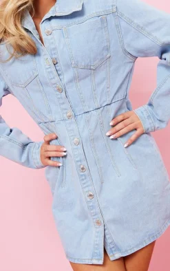 Light Blue Wash Seam Detail Cinched Waist Denim Dress