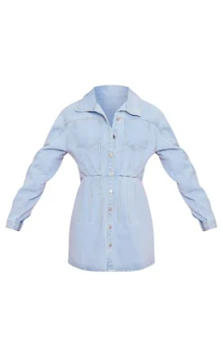 Light Blue Wash Seam Detail Cinched Waist Denim Dress