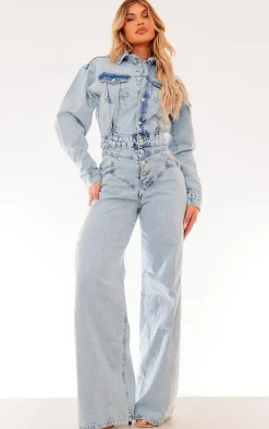 Light Blue Wash Seam Detail Button Up Denim Jumpsuit