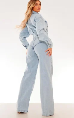 Light Blue Wash Seam Detail Button Up Denim Jumpsuit