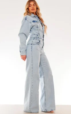 Light Blue Wash Seam Detail Button Up Denim Jumpsuit
