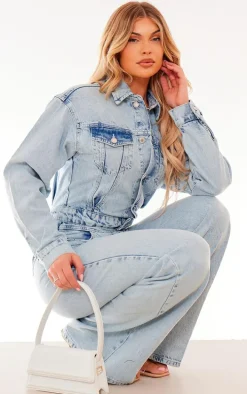 Light Blue Wash Seam Detail Button Up Denim Jumpsuit