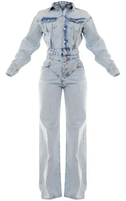 Light Blue Wash Seam Detail Button Up Denim Jumpsuit