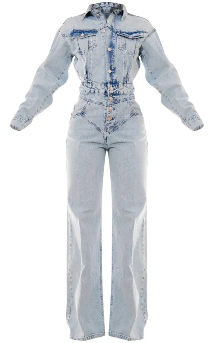Light Blue Wash Seam Detail Button Up Denim Jumpsuit