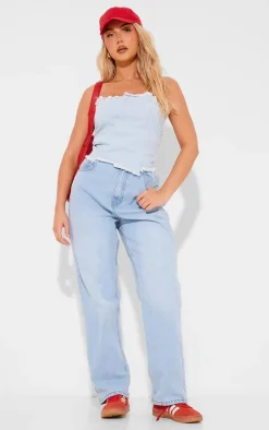 Light Blue Wash Seam Raw Hem Detail Denim Corset Top