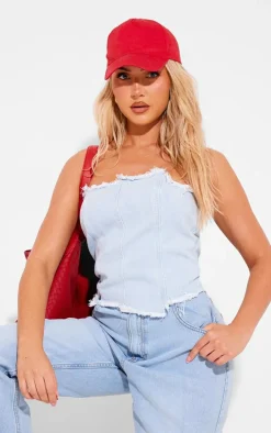 Light Blue Wash Seam Raw Hem Detail Denim Corset Top