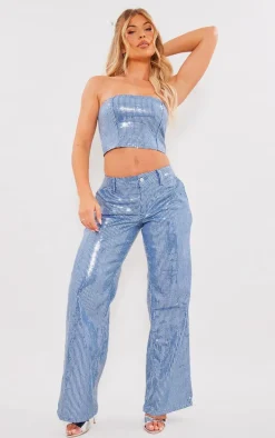 Light Blue Wash Sequin Bandeau Top