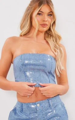 Light Blue Wash Sequin Bandeau Top