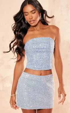 Light Blue Wash Sequin Denim Mini Skirt
