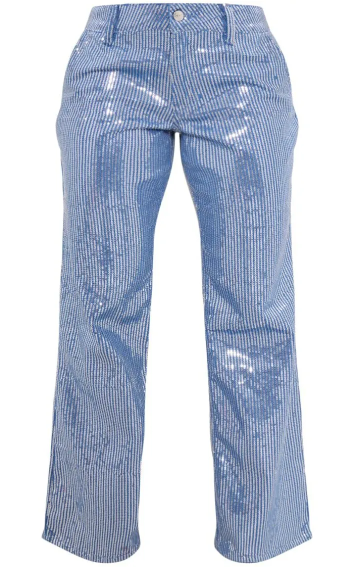 Light Blue Wash Sequin Wide Leg Jean