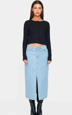 Light Blue Wash Split Front Mid Rise Denim Midi Skirt