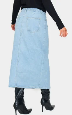 Light Blue Wash Split Front Mid Rise Denim Midi Skirt