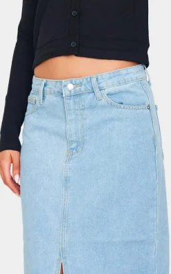 Light Blue Wash Split Front Mid Rise Denim Midi Skirt