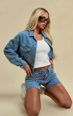 Light Blue Wash Textured Denim Shorts