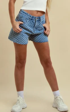 Light Blue Wash Textured Denim Shorts