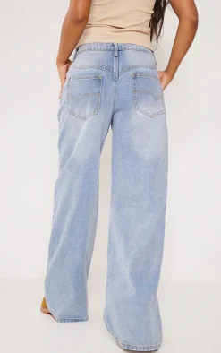 Light Blue Wash Western Detail Wide Leg Jeans