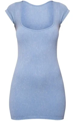 Light Blue Washed Snatched Rib Crew Neck Cap Sleeve Bodycon Dress