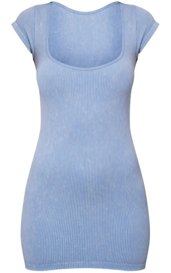 Light Blue Washed Snatched Rib Crew Neck Cap Sleeve Bodycon Dress