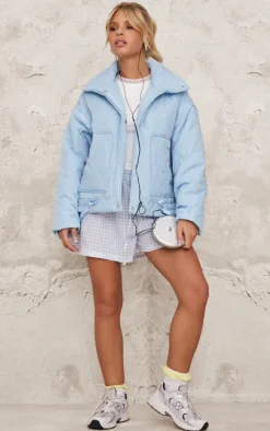 Light Blue Wave Quilted Contrast Binding Longline Jacket