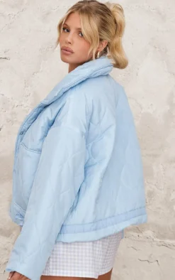 Light Blue Wave Quilted Contrast Binding Longline Jacket