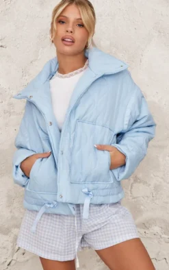 Light Blue Wave Quilted Contrast Binding Longline Jacket