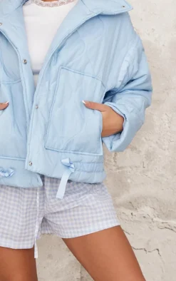 Light Blue Wave Quilted Contrast Binding Longline Jacket