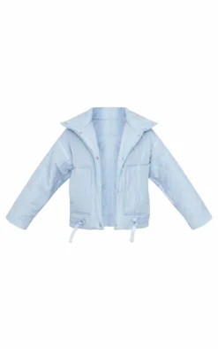Light Blue Wave Quilted Contrast Binding Longline Jacket