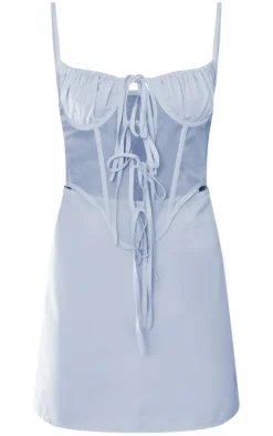 Light Blue Woven Mesh Insert Corset Tie Detail Bodycon Dress