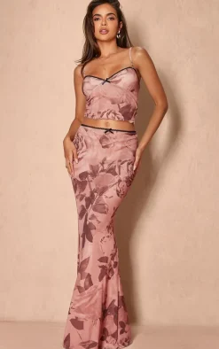 Light Brown Floral Print Onion Skin Lettuce Hem Low Rise Maxi Skirt