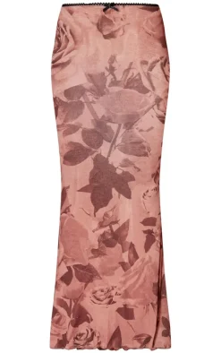 Light Brown Floral Print Onion Skin Lettuce Hem Low Rise Maxi Skirt