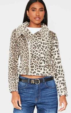 Light Brown Leopard Print Biker Style Denim Jacket