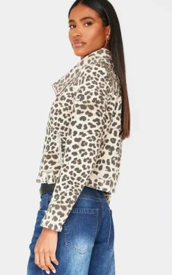 Light Brown Leopard Print Biker Style Denim Jacket