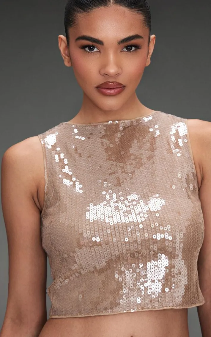 Light Brown Sequin Boatneck Crop Top