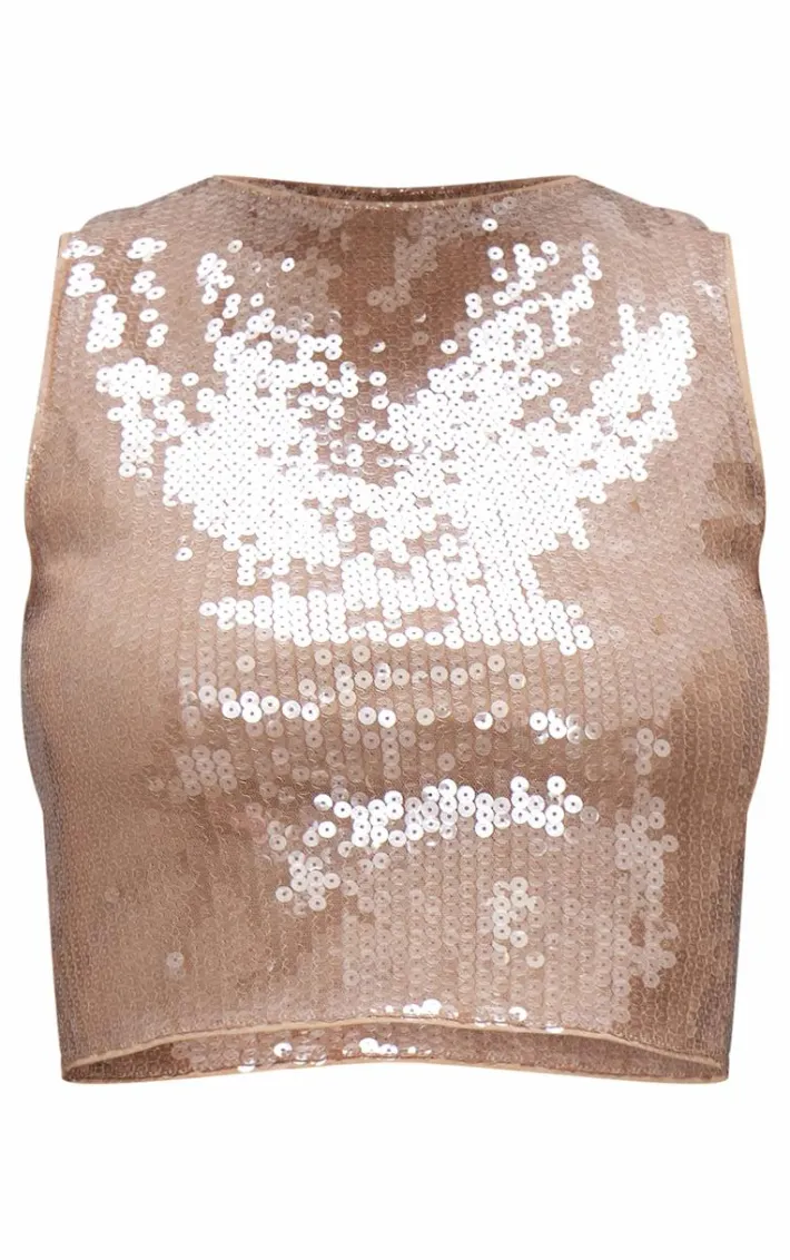 Light Brown Sequin Boatneck Crop Top