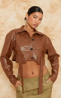 Light Chocolate Faux Leather Cropped Utility Pocket Button Detail Shirt
