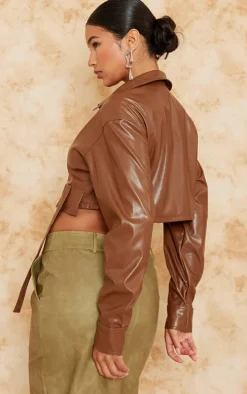 Light Chocolate Faux Leather Cropped Utility Pocket Button Detail Shirt