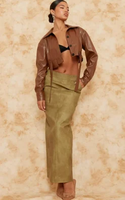 Light Chocolate Faux Leather Cropped Utility Pocket Button Detail Shirt