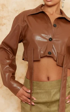 Light Chocolate Faux Leather Cropped Utility Pocket Button Detail Shirt