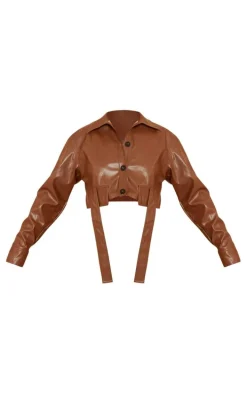 Light Chocolate Faux Leather Cropped Utility Pocket Button Detail Shirt